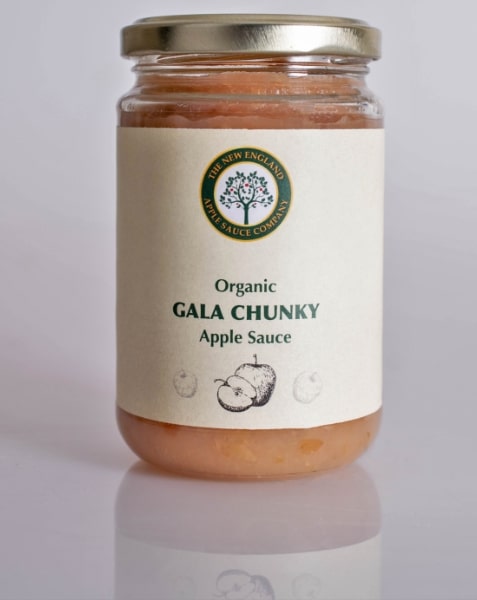 jar of gala chunky applesauce on a reflective surface