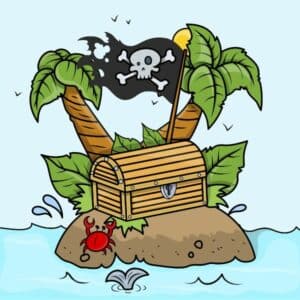 Chest on an island with a pirates flag and a crab to keep the mice out. it's not easy being green
