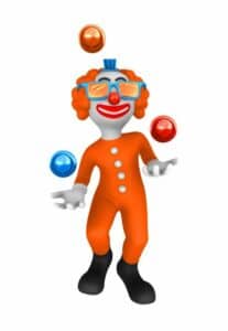 a circus clown juggling three balls.