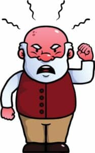 Cartoon picture of a grumpy old man red faced and shouting due to lack of sleep and poor gut health