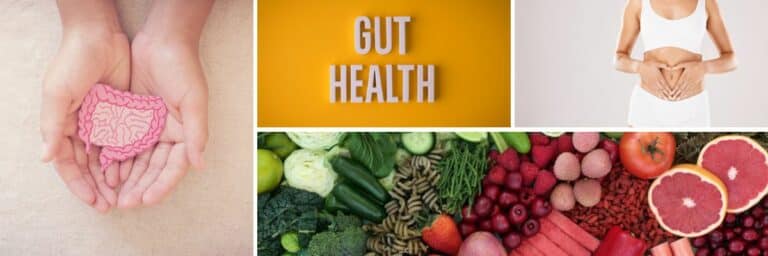A photo collage of gut health pictures