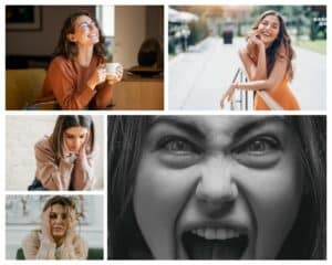 collage of photos showing women suffering moods swings due to not having a healthy gut