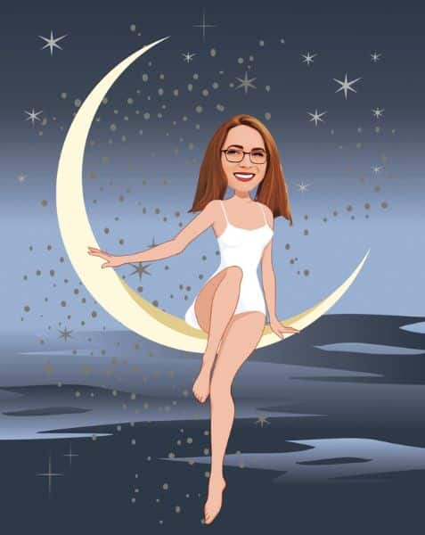 Cartoon picture of an attractive woman in a white dress sitting on a crescent moon. The link between regular exercise and gut health