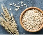 Picture of rolled oats in a bowl alongside stalks of oats. Whole oats a e a great way to achieve a healthy gut/
