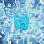 Picture of probiotics happily swimming away in the gut. An image of the human gut in the middle of the picture